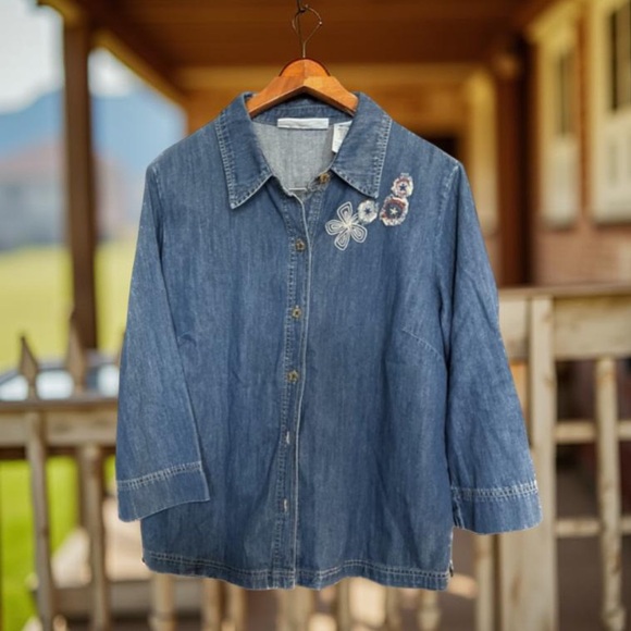 Liz Claiborne Denim Jacket - Tunic / shirt Button down embroidery Large - Picture 4 of 14